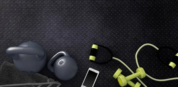 Fondo de fitness con kettlebells y smartphone . — Foto de Stock