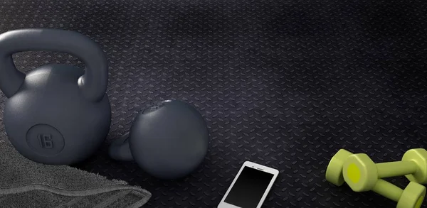 Fondo de fitness con kettlebells y smartphone . — Foto de Stock