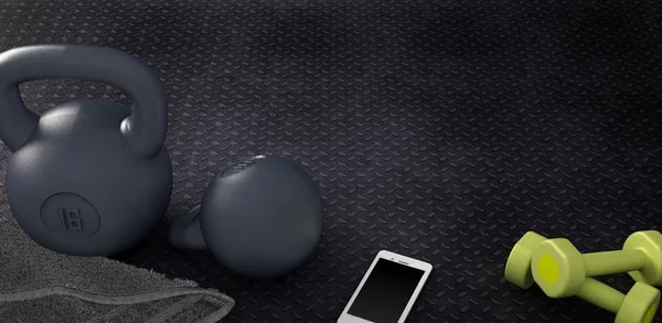 Fitness arka plan kettlebells ve smartphone ile.