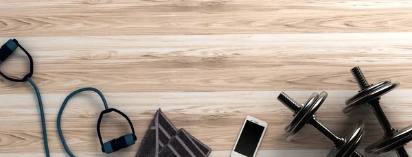 Dambıl ve smartphone ile fitness arka plan. Yukarıdan görüntülemek