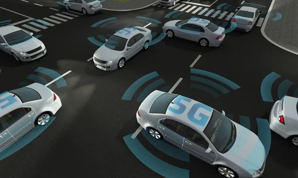 Görünen 5G bağlantısı olan bir yolda otonom arabalar