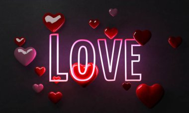 bir neon ışık kalp ve sevgi sevgililer günü, 3d renderimng