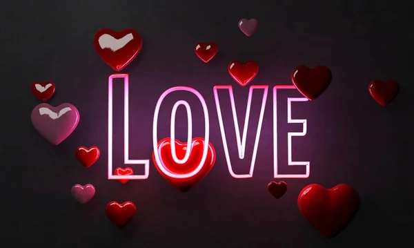 Um coração claro do neon e amor para o dia dos namorados, renderimng 3d — Fotografia de Stock