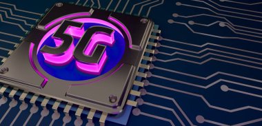 nahaufnahme eines 5g chips auf einem Motherboard, 3d Rendering