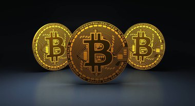 Mavi yansıtıcı yüzeyde üç altın bitcoin, üç boyutlu görüntüleme