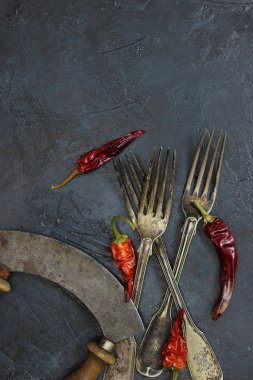 Koyu arkaplanda kurutulmuş biber ve çatal.