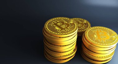 Yansıtıcı yüzeyde bulunan birçok altın bitcoin, 3d oluşturma