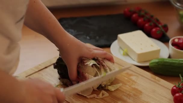 女性は、木製のまな板にトマトを切る手します。 — ストック動画