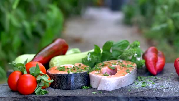 Rohes Lachsschnitzel mit Gewürzen — Stockvideo