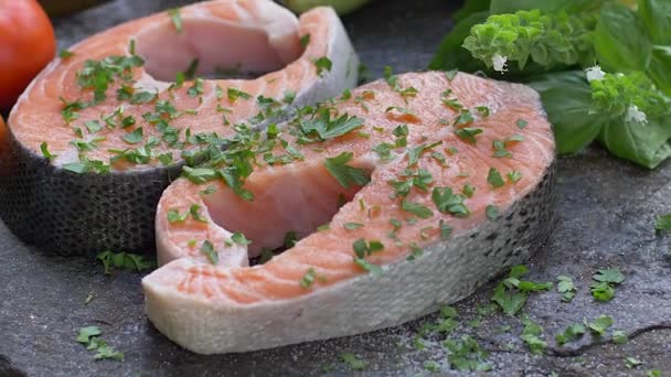 Costeleta de salmão cru com sabor a especiarias — Vídeo de Stock