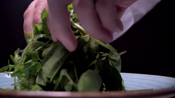 Bestrooi met arugula salade en entrecote met parmezaanse kaas. — Stockvideo