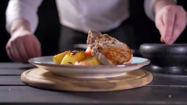 A mão de cozinheiros põe um bife frito fresco na chapa branca e mutilando a decoração final do prato. O cozinheiro polvilha a carne com sal, pimenta, tempero, especiarias e suco de limão. Servindo alimentos . — Vídeo de Stock