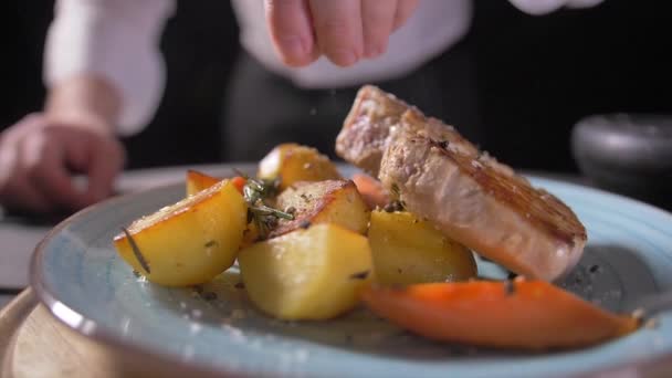 Kookt hand zet een verse gebakken biefstuk op witte plaat en maiking laatste decoratie van de schotel. De kok bestrooit vlees met zout, peper, kruiden, specerijen en citroensap. Het serveren van voedsel. — Stockvideo