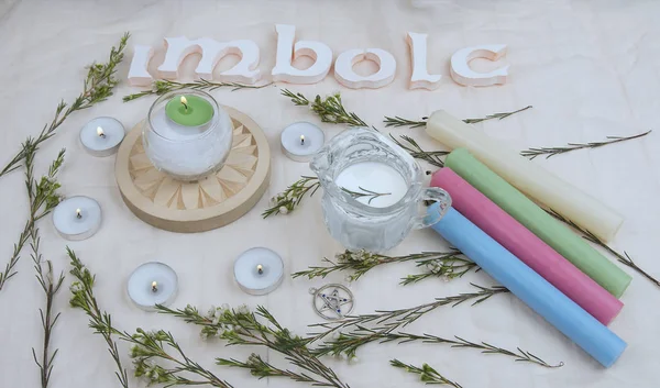 Green flowers, altar candles for Imbolc sabbath.