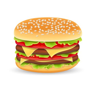Hamburger simgesi. Klasik Burger Amerikan çizburger marul domates soğan peynir beyaz arka plan üzerinde izole et. Fast Food. Sığır eti ve taze organik sebze.