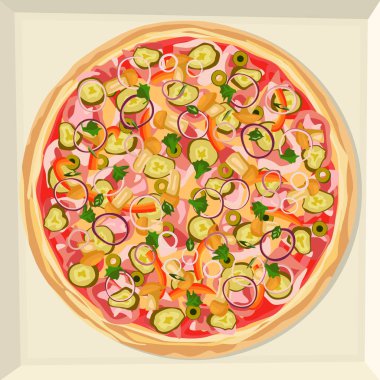 Pizza peyniri, jambon, orman mantar ve soğan ile.