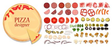 Bir pizza için farklı malzemeler self-creative ayarla. Temel, sosis, et, deniz ürünleri, taze ve Turşu sebze, mantar, peynir, domates salçası ve Yeşiller.