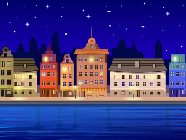 Urbane Landschaft in der Nacht. Alte Häuser am Wasser. Flaches design. — Stockvektor