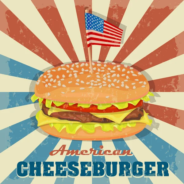 Icono de hamburguesa con queso. Hamburguesa clásica hamburguesa americana con queso de tomate de lechuga Carne de res sobre un fondo de colores de la bandera americana. Comida rápida. Carne de res y verduras orgánicas frescas . — Vector de stock