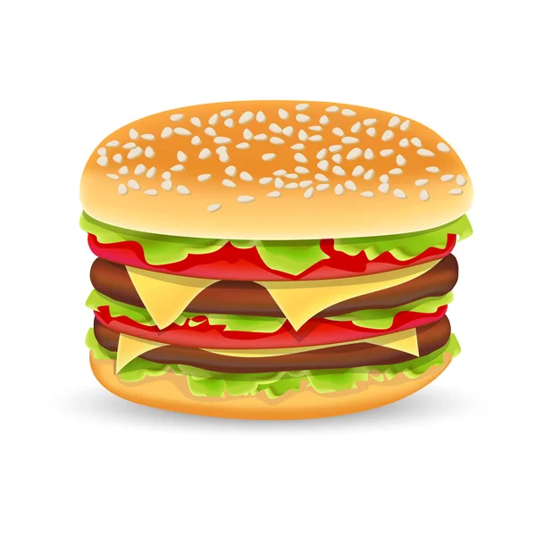 Icono de hamburguesa. Hamburguesa clásica American Cheeseburger con lechuga Tomate Cebolla Queso Carne aislada sobre fondo blanco. Comida rápida. Carne de res y verduras orgánicas frescas . — Vector de stock