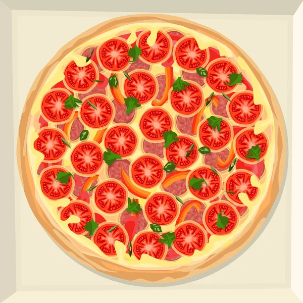 Salam, domates, tatlı biber ve bir kutu içinde peynirli pizza.