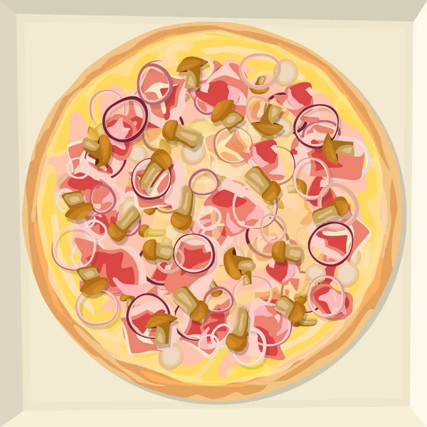 Pizza peyniri, jambon, orman mantar ve soğan ile.