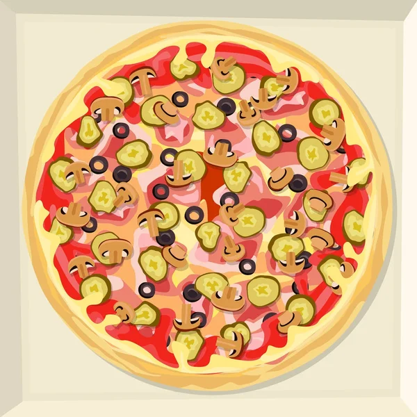 Pizza peyniri, jambon, ketçap, Turşu sebze ve mantar ile.