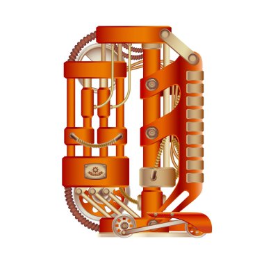 The letter Q of the Latin alphabet, made in the form of a mechanism with moving and stationary parts on a steam, hydraulic or pneumatic draft. Isolated freely editable object on white background. clipart