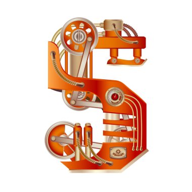 S harfi ile hareketli ve sabit parçalar bir buhar, hidrolik veya pnömatik taslak bir mekanizma şeklinde yapılan Latin alfabesinin. Beyaz arka plan üzerinde serbestçe düzenlenebilir nesnesi izole.