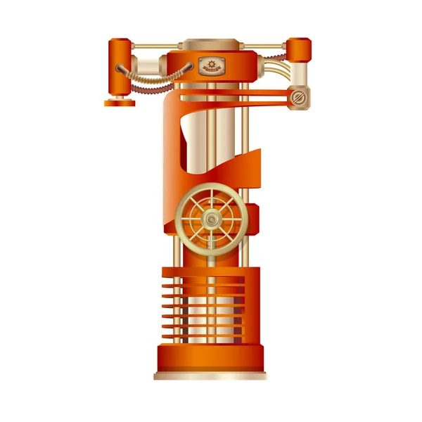 The letter T of the Latin alphabet, made in the form of a mechanism with moving and stationary parts on a steam, hydraulic or pneumatic draft. Isolated freely editable object on white background. — Stock Vector