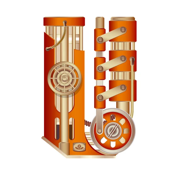 U harfi bir mekanizma ile bir buhar, hidrolik veya pnömatik taslak hareketli ve sabit parçalar şeklinde yapılan Latin alfabesinin. Beyaz arka plan üzerinde serbestçe düzenlenebilir nesnesi izole.