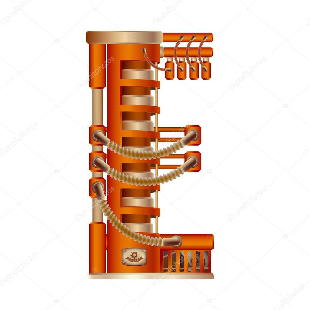The letter E of the Latin alphabet, made in the form of a mechanism with moving and stationary parts on a steam, hydraulic or pneumatic draft. Isolated freely editable object on white background.
