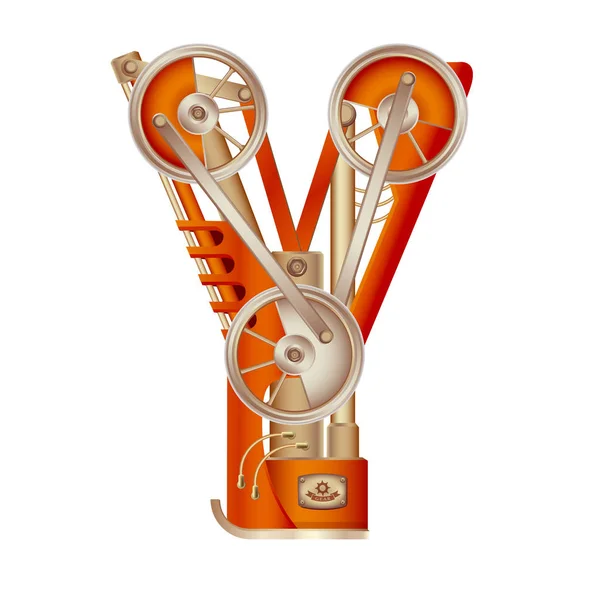 Y harfi bir mekanizma ile bir buhar, hidrolik veya pnömatik taslak hareketli ve sabit parçalar şeklinde yapılan Latin alfabesinin. Beyaz arka plan üzerinde serbestçe düzenlenebilir nesnesi izole.