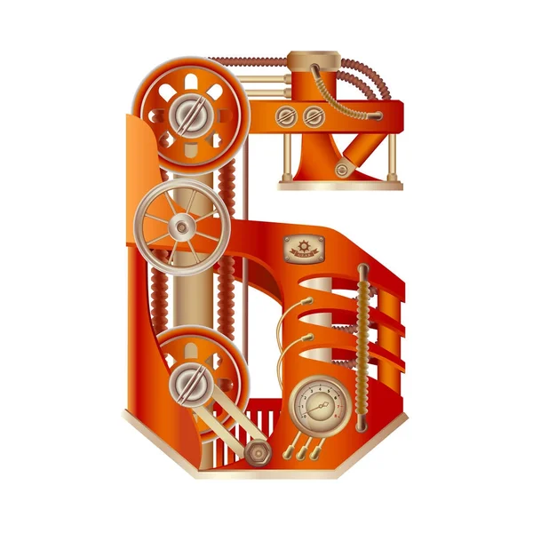 Arabská číslice 6, ve formě mechanismus se pohybuje a pevnými částmi na páru, hydraulické nebo pneumatické návrhu. Izolované volně upravitelné objekty na bílém pozadí. — Stockový vektor