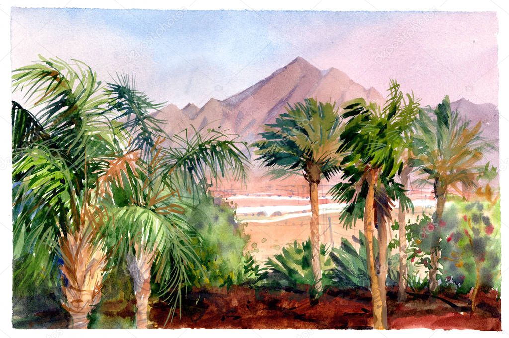 Tropical landscape with palm trees and mountains. Oasis in the desert.