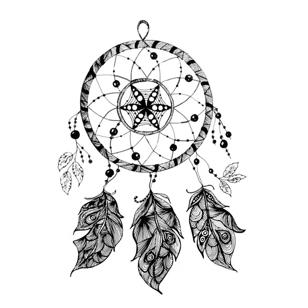 Indiase dream catcher in een schets stijl. vectorillustratie geïsoleerd op witte achtergrond. — Stockvector