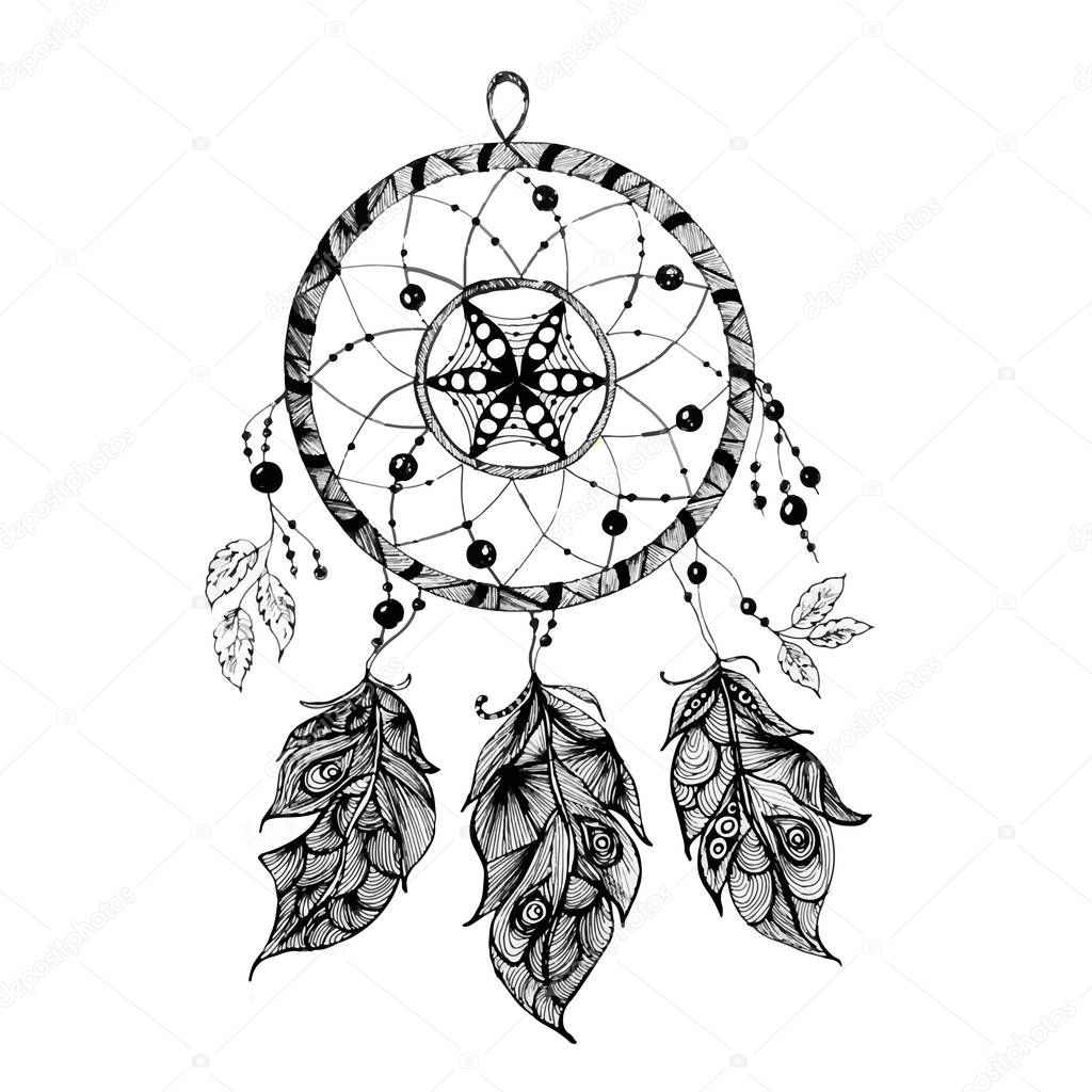 Indian Dream catcher in a sketch style. Vector illustration isolated on white background.