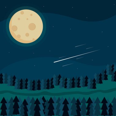 Gece manzarası ormanın. Ay, ağaçlar, yıldız, yol. Vektör görüntü.