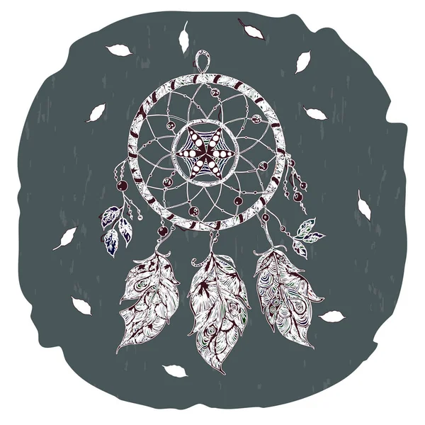 Dream catcher met laat veren en kralen op een grijze achtergrond. Vintage. Vector afbeelding. — Stockvector