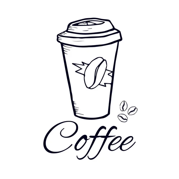 Kaffeepapiertasse mit Kaffeebohnen vorhanden. Skizze. Vektorisoliertes Bild. — Stockvektor