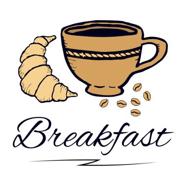 Kahvaltı. Kahve fincanı, kruvasan, kahve çekirdeği. İzole vektör çizim.