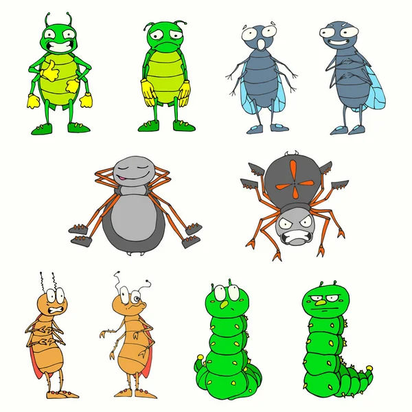 Conjunto de insectos de color vectorial. Arañas, moscas, escarabajos, orugas. Estilo de dibujos animados . — Vector de stock