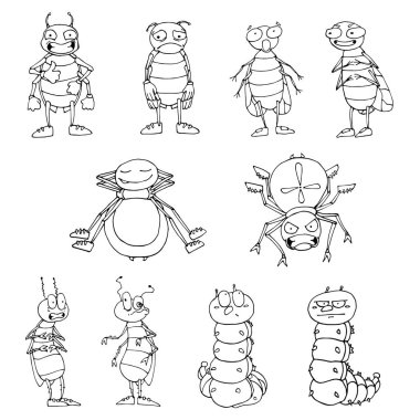 Vektör böcekler kümesi. Örümcekler, sinekler, böcekler, tırtıllar. Karikatür tarzı.