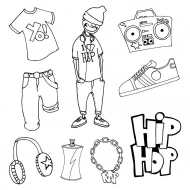 Ayarla Temalar hip-hop: t-shirt, pantolon, karakter, dize, Ayakkabı, kapağı, sprey, kulaklık, grafiti.