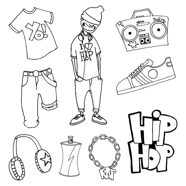 設定テーマ ヒップホップ: t シャツ、ズボン、文字、文字列、靴、キャップ、スプレー、ヘッドフォン、落書き. ロイヤリティフリーのストックイラスト