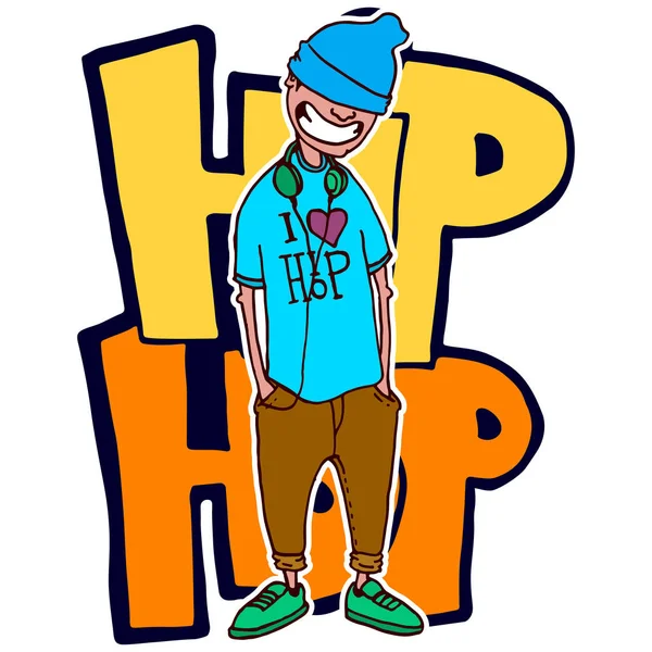 Tini rapper áll a háttérben van a háttérben a graffiti. Vektor elszigetelt kép. Kézzel készített stílus. — Stock Vector