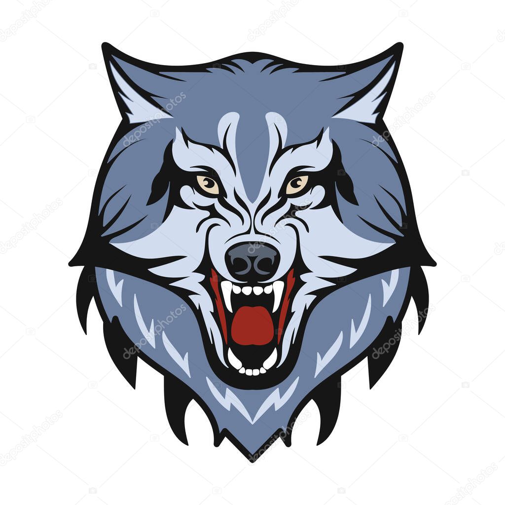 The head of the wolf. The animal gritted its teeth. The totem of a forest dweller. Logo detail. Vector isolated image.