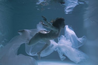 Güzel kız jimnastikçi ve sporcu kadın havuzda parlak kumaşlarla suyun altında yüzüyor.