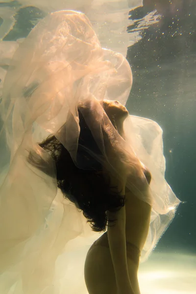 Красива Дівчина Плаває Під Водою Довгим Волоссям Синій Або Золотий — стокове фото