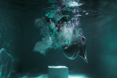 Güzel kız sarı bir elbiseyle suyun altında yüzüyor. 2020 Yeni Yıl trendi Aqua Mente ve fatom blue ve yemyeşil lav. Sualtı kızı denizkızı. Reklam için uygun bir model
